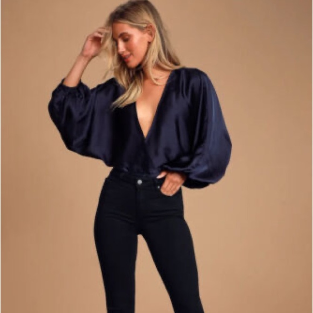 Free people navy satin plunge top with elastic waist